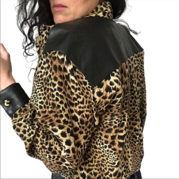 Cache Tops - NWT 100% Silk + Leather Leopard Ruffled Vtg Top